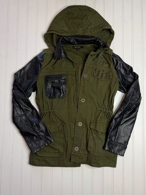 Olive Green Hooded Military Jacket with Black Faux Leather Sleeves